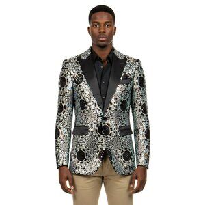Empire™ Pearlescent Sequin Blazer Geometric Peak Lapel Hybrid-Fit, 4XL Only